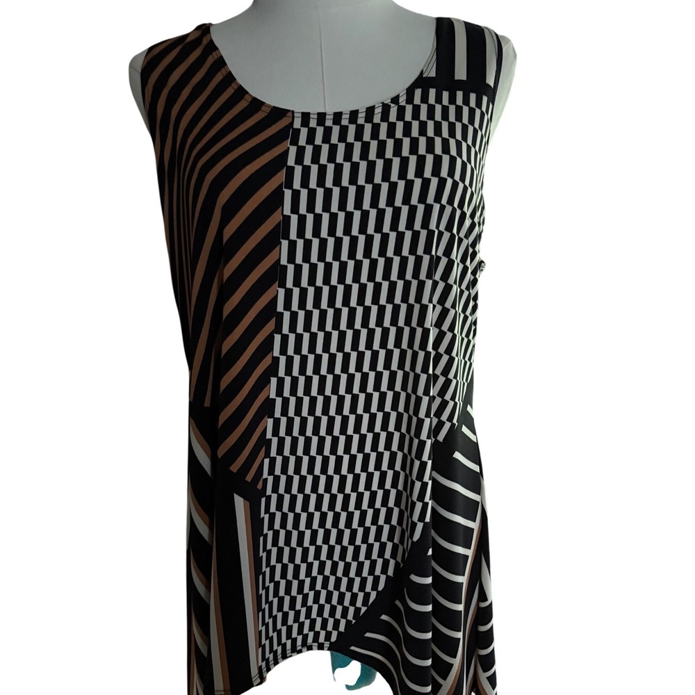 Geometric Patchwork Sleeveless Tunic Top Black White Tan Striped Checkered L